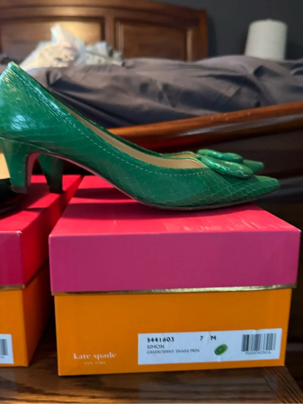 kate spade Green Pointed Toe Low Heel Pumps with Bow Accent